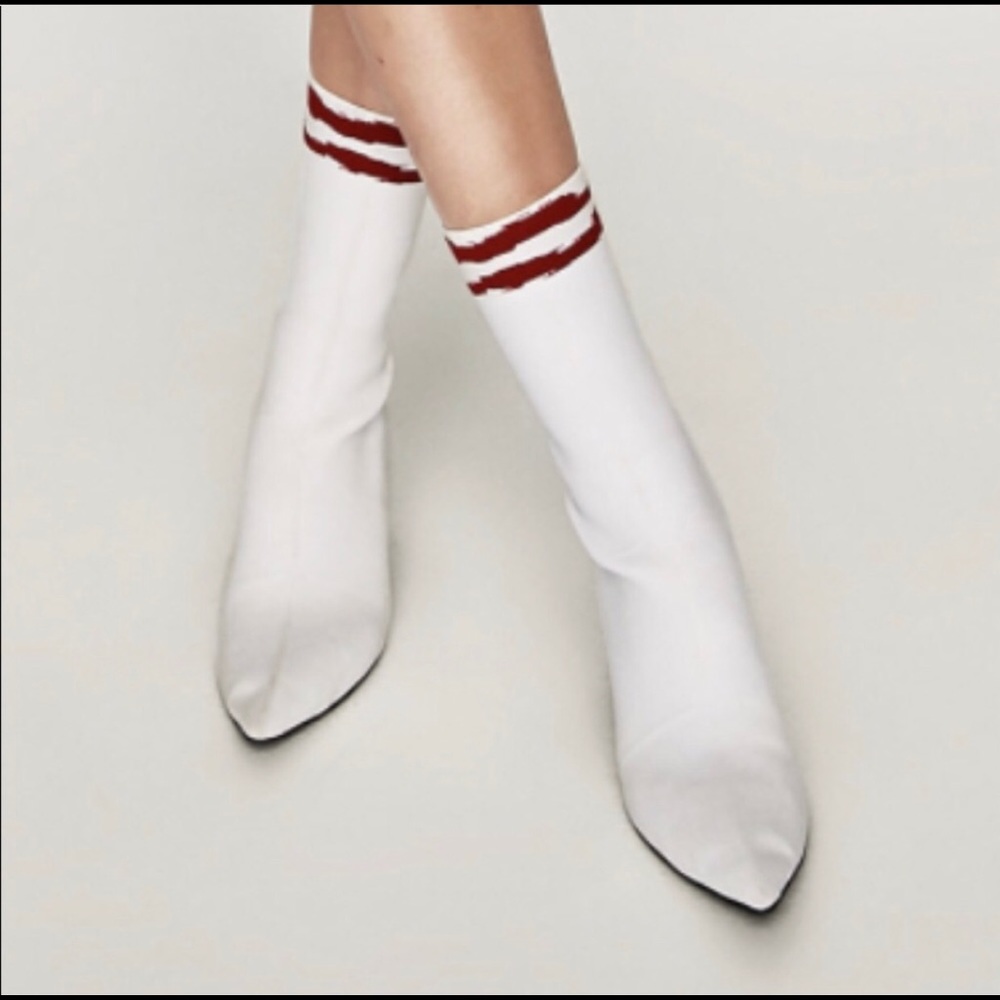 Zara white sock booties with red striped details
